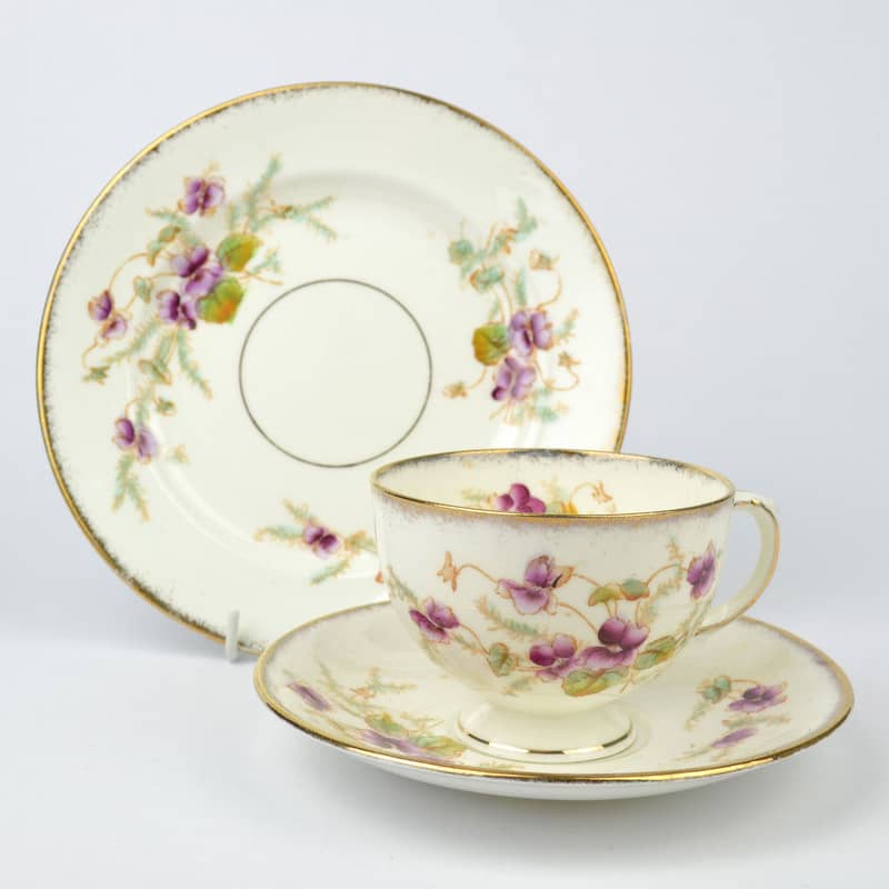 Antique Blyth Porcelain Tea Trio 3 Piece Lilac Flowers & Gold Bands c1905 